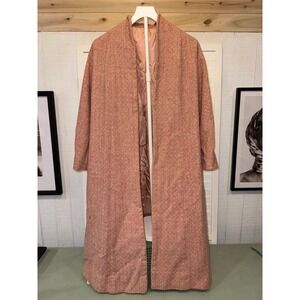 Vintage Tweed Duster Coat Womens Pink Coral Textured Mock Neck Longline Maxi S